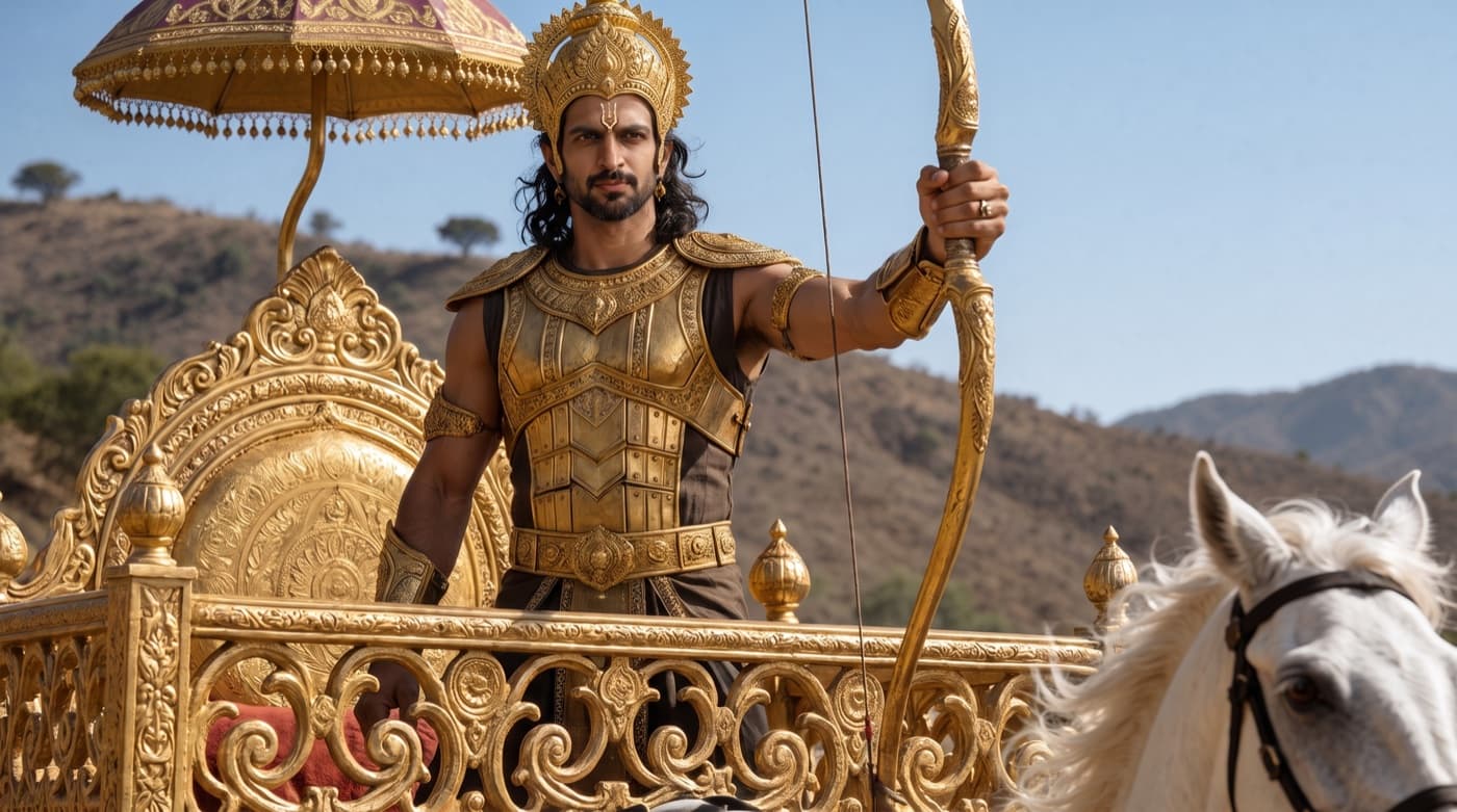 AI assisted production still, golden mythological scene